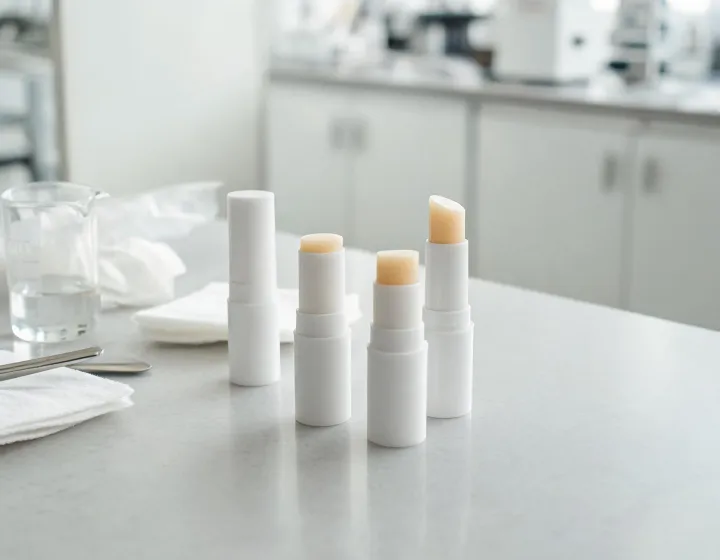 spf lip balm on a cosmetics bench, illustration only